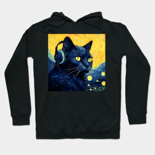 Starry Night Black Cat Wearing Headphones Hoodie